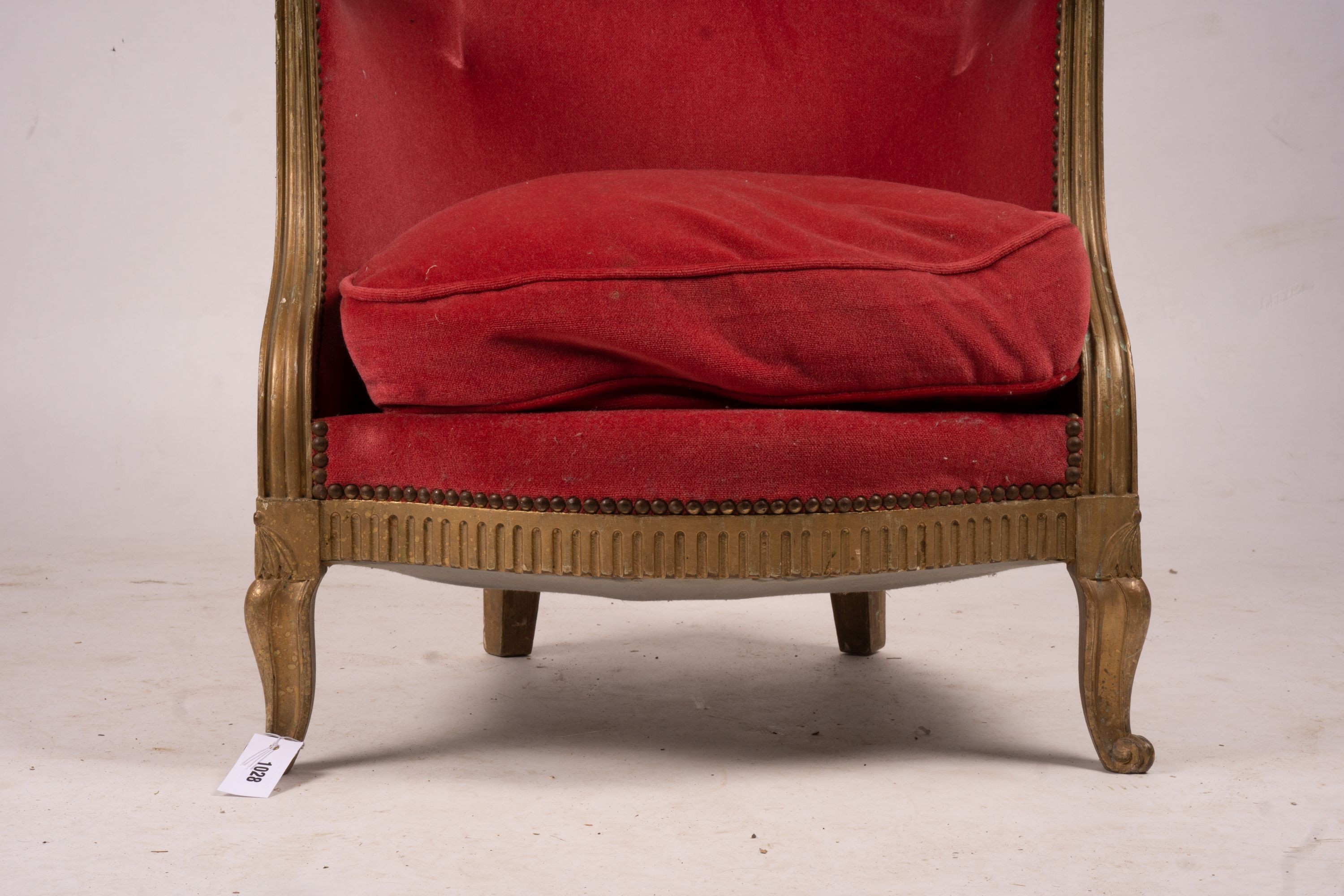 A late 19th century French giltwood tub shaped side chair, width 61cm, depth 62cm, height 78cm